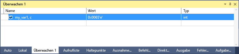 Screenshot des Visual Studio Watch-Fensters mit einer ausgewählten Zeile, die my_var1.c mit dem Wert 101 