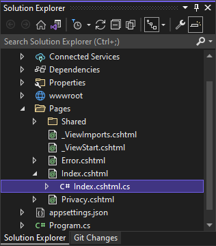 Screenshot zeigt die Datei Index.cshtml, die im Lösungs-Explorer in Visual Studio ausgewählt ist.