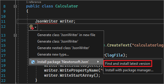 Screenshot einer Glühbirne zum Installieren eines NuGet-Pakets.