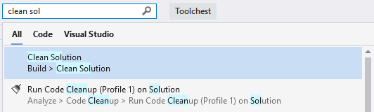 Screenshot eines Beispiels für eine Suche nach Visual Studio-Menüelementen und -Befehlen.
