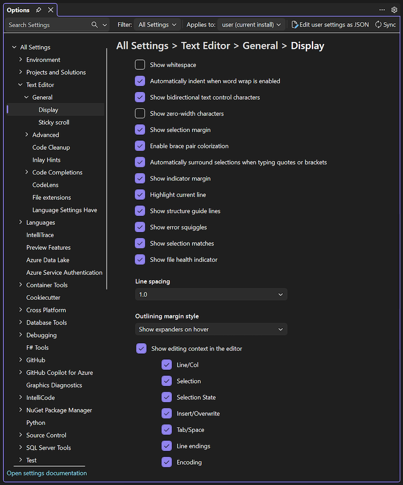 Screenshot der Anzeigeeinstellung für den Text-Editor im Bereich 