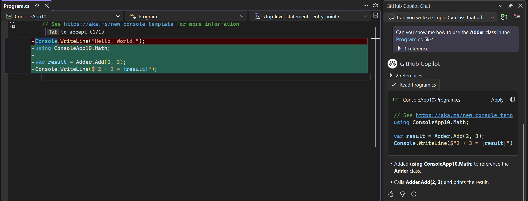 Screenshot: Codevorschläge in der Diff-Ansicht im Fenster „Editor“