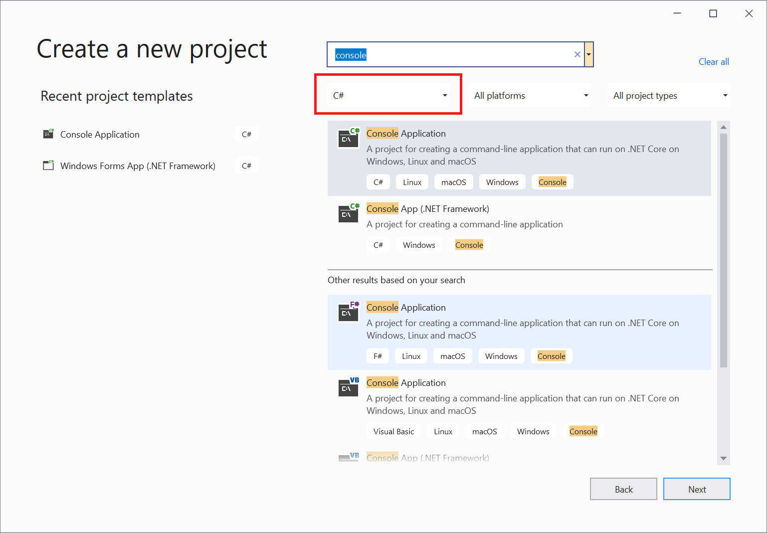 Screenshot of the 'Create a new project' window in Visual Studio 2019, where you select the template that you want.