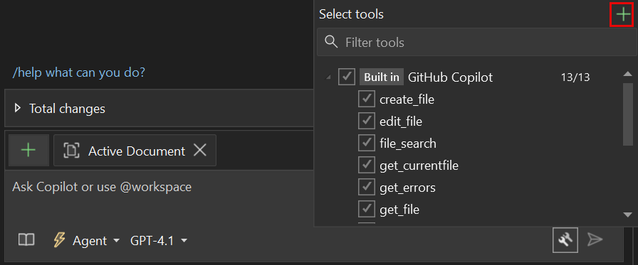 Screenshot der Plusschaltfläche in der Toolauswahl von Visual Studio-Chat zum Hinzufügen des MCP-Servers.