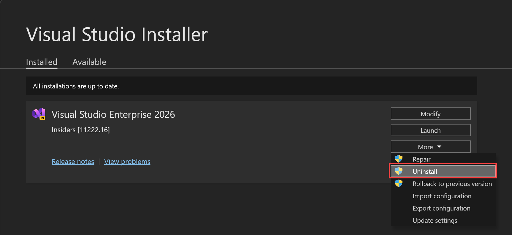 Screenshot, der zeigt, wie Visual Studio mithilfe des Visual Studio-Installers deinstalliert wird.