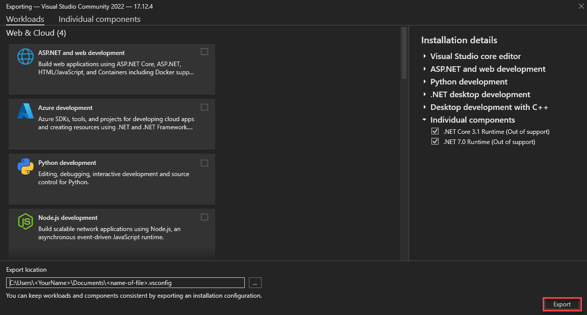 Screenshot des Exportfensters.