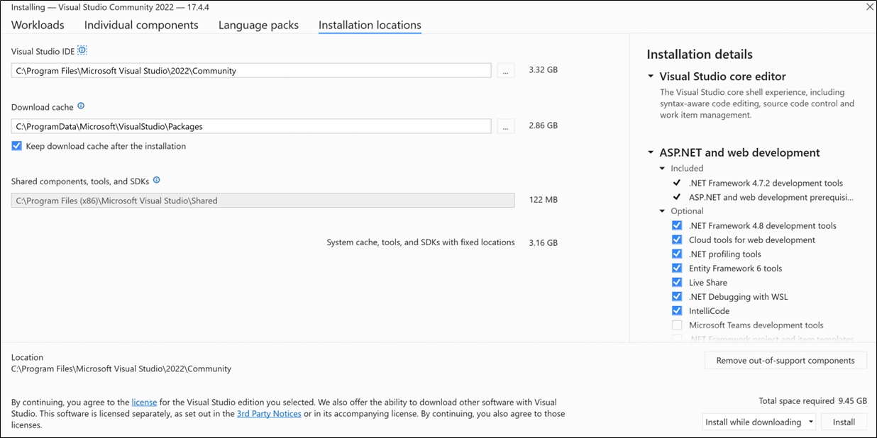 Screenshot: Registerkarte „Installationspfade“ im Visual Studio-Installer
