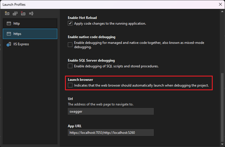 Screenshot mit der UI für Debug-Startprofile.