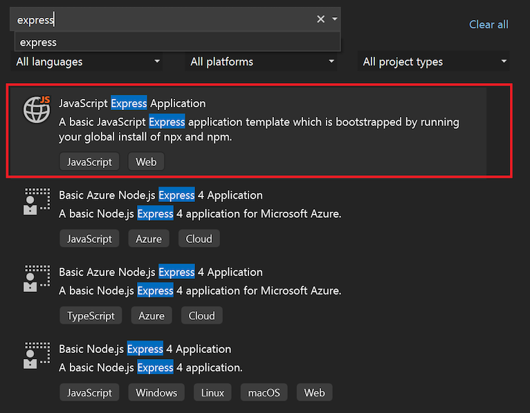 Screenshot, der zeigt, wie Sie im Startfenster von Visual Studio nach der JavaScript Express-Anwendung suchen und diese auswählen.