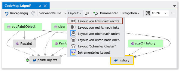 Screenshot eines Codezuordnungsfensters mit geöffnetem Menü 