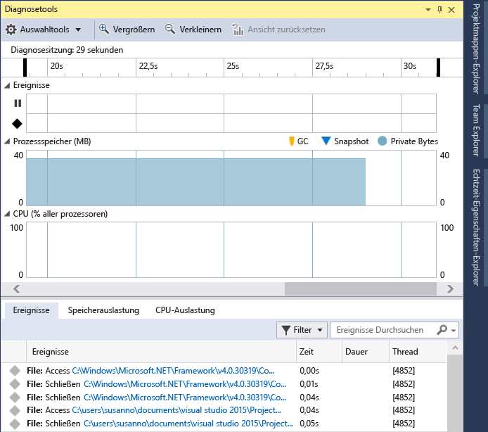 Screenshot des Fensters „Diagnosetools“ im Visual Studio-Debugger mit der Zeitachse für Ereignisse und Diagrammen für Arbeitsspeicher- und CPU-Auslastung.