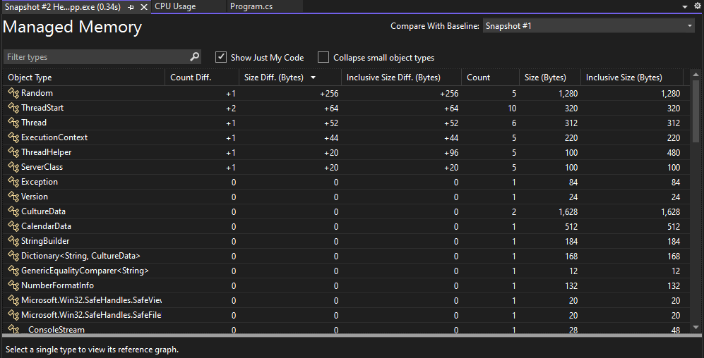 Diagnosetools: Differenzansicht „Heap“