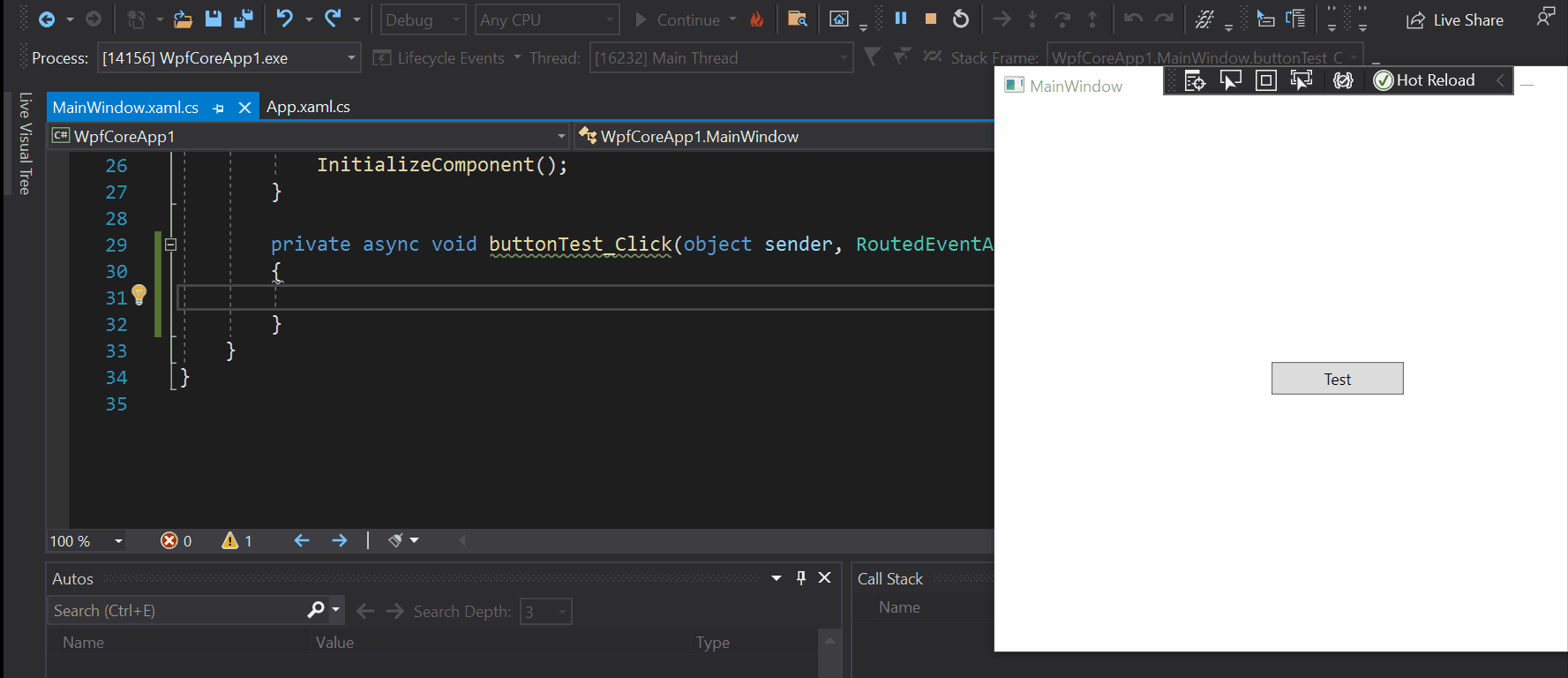 .NET Hot Reload Änderung wird in VS mithilfe der Schaltfläche 