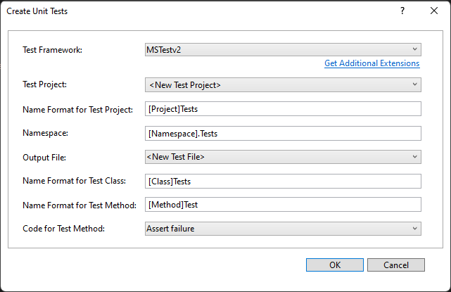 Screenshot: Dialogfeld „Komponententests erstellen“ in Visual Studio