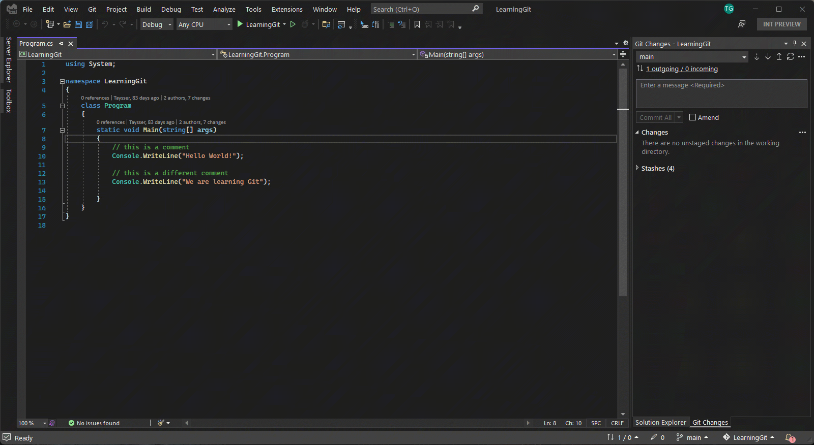 Animation, die die Einstiegspunkte für das Commit beim Auschecken zeigt.