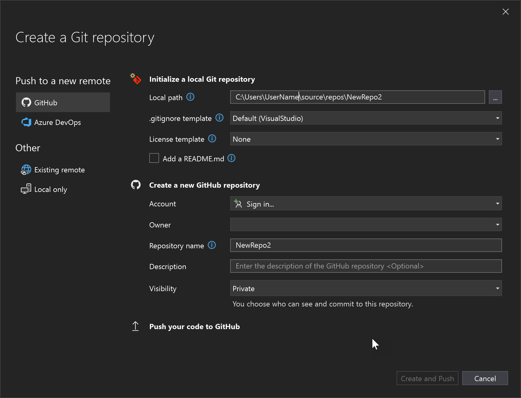 Screenshot: Dialogfeld „Git-Repository erstellen“ in Visual Studio