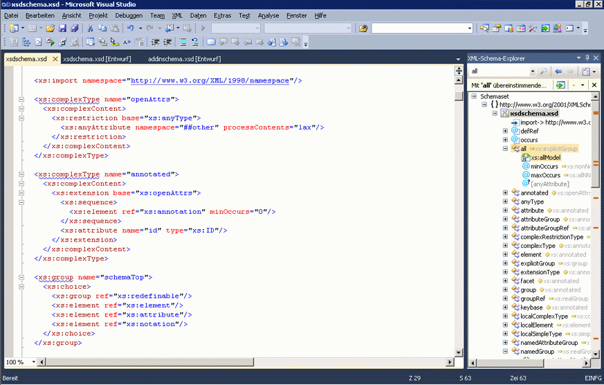 Screenshot eines Visual Studio-Projekts mit einem XML-Knoten im XML-Editorbereich und einer Strukturansicht des Schemas, das im Bereich 