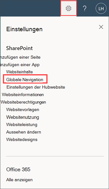 Screenshot der globalen Navigationsoption im Einstellungsbereich.