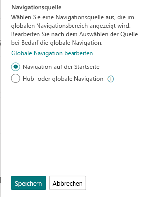 Screenshot des Orts, an dem die Quelle für die globale Nagivation ausgewählt wird.