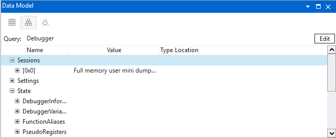 Screenshot des Datenmodellfensters in WinDbg mit erweiterbaren und durchsuchbaren Features.