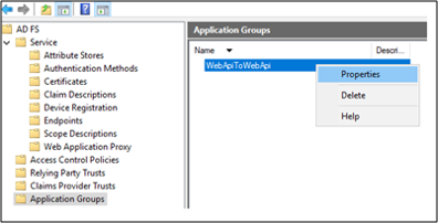 Screenshot 2: Dialogfeld „A D F S-Verwaltung“ mit hervorgehobener Gruppe „WebApiToWebApi“ und der Option „Eigenschaften“ in der Dropdownliste