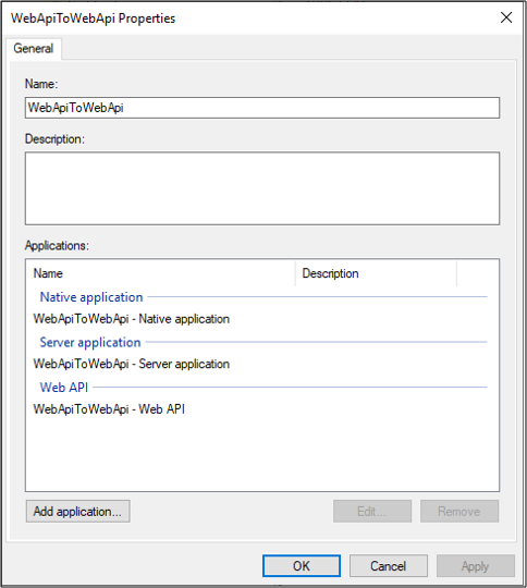 Screenshot 2: Eigenschaftendialogfeld für „WebApiToWebApi“ mit aufgelisteter Anwendung „WebApiToWebApi – Web-A P I“