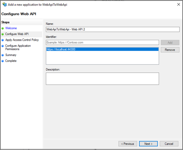 Screenshot: Seite „Web-A P I konfigurieren“ im Assistenten zum Hinzufügen einer neuen Anwendung zu „WebApiToWebApi“ mit Anzeige des korrekten Umleitungs-U R I