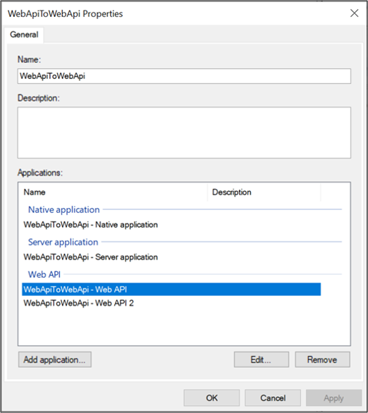 Screenshot: Eigenschaftendialogfeld für „WebApiToWebApi“ mit hervorgehobener Anwendung „WebApiToWebApi – Web-A P I“