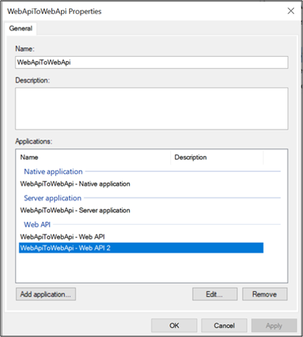 Screenshot: Eigenschaftendialogfeld von „WebApiToWebApi“ mit hervorgehobener Anwendung „WebApiToWebApi – Web-A P I 2“