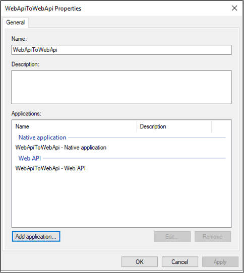 Screenshot: Eigenschaftendialogfeld für „WebApiToWebApi“ mit aufgelisteter Anwendung „WebApiToWebApi – Web-A P I“