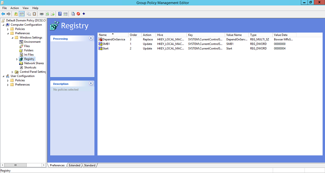 Screenshot der Gruppenrichtlinienverwaltungs-Editor-Registrierung. Drei Elemente sind sichtbar: DependOnService, SMB1 und Start.
