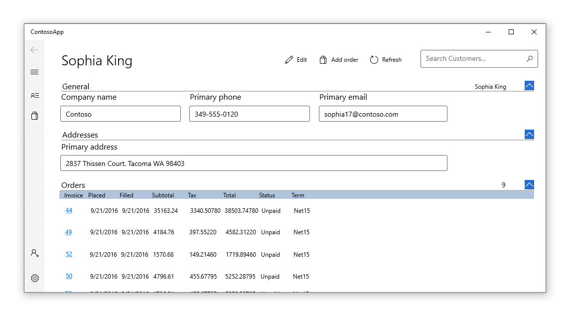 Customer orders database screenshot
