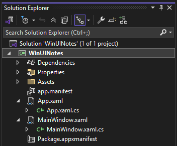 Der Solution Explorer zeigt die Dateien für ein WinUI-Projekt in Visual Studio.