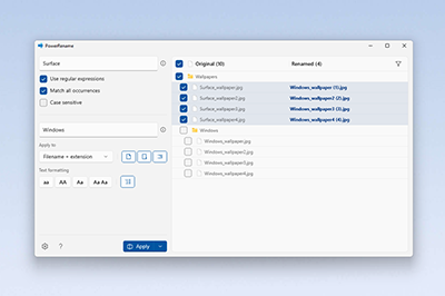 Screenshot des PowerRenamePowerToys Hilfsprogramms für Windows.