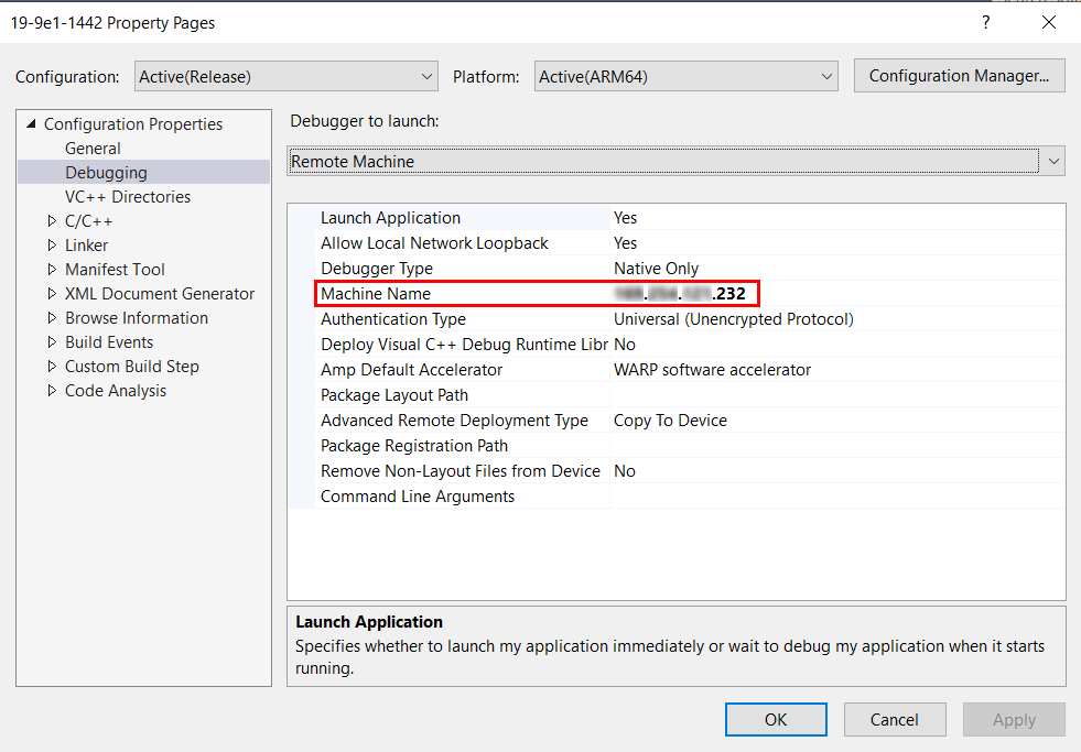 Dialogfeld „Remoteverbindung“ in Visual Studio