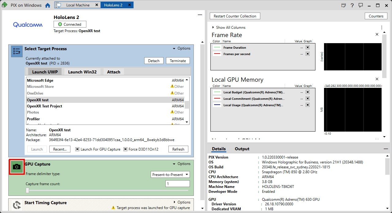 Screenshot der PIX-Anwendung mit geöffnetem PC-Verbindungsbereich mit hervorgehobener GPU-Aufnahme