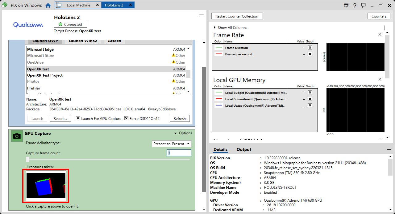 Screenshot der PIX-Anwendung mit geöffnetem GPU-Erfassungsbereich mit hervorgehobenem GPU-Erfassungsbereich