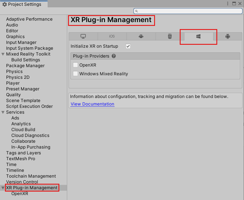 Screenshot des Fensters „Projekteinstellungen“, in dem die Seite „XR Plug-In Management“ (Verwaltung des XR-Plug-Ins) und die Registerkarte „Universelle Windows-Plattform“ geöffnet sind