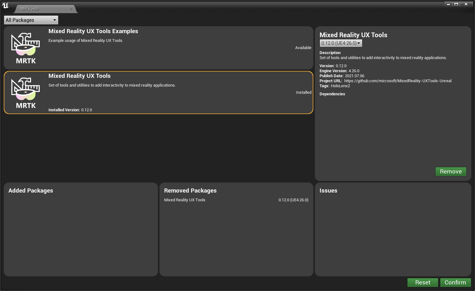 Entfernen eines Plug-Ins über den MRTK-Hub