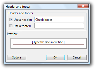 Screenshot von Kopf- und Fußzeilentextfeldern 