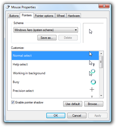 Screenshot von Mauseigenschaftenzeigerbeispielen 