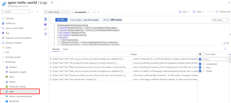 Screenshot der Abfrageergebnisse für LLM-Protokolle im Portal.