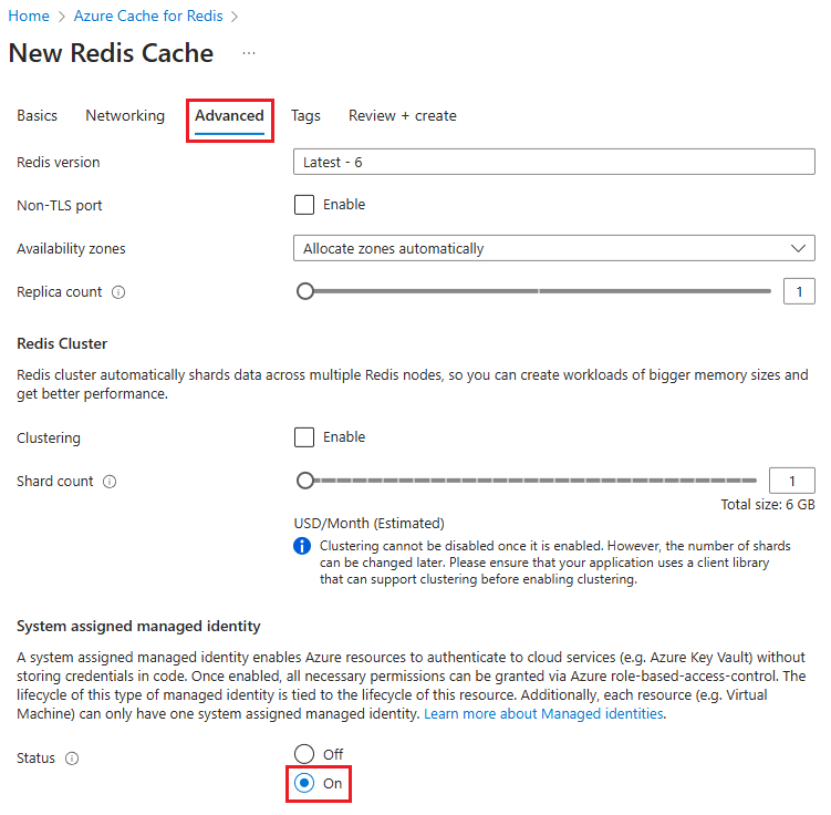 Screenshot, der zeigt, dass die vom System zugewiesene verwaltete Identität auf 