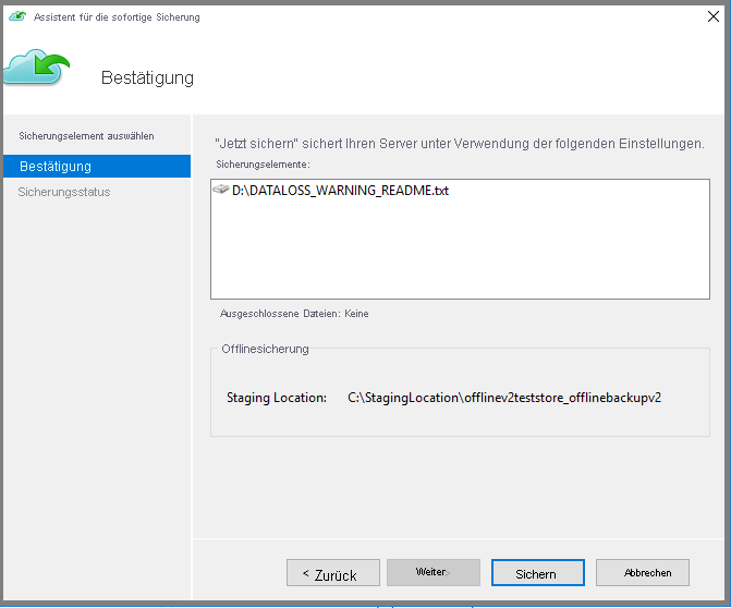 Screenshot zeigt, wie Sie den Sicherungsvorgang bestätigen und starten.