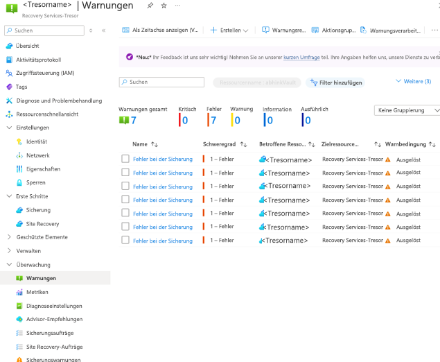 Screenshot der Sicherungswarnungen.