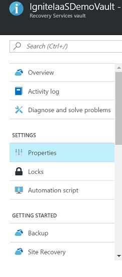 Screenshot der Optionen des Recovery Services-Tresors