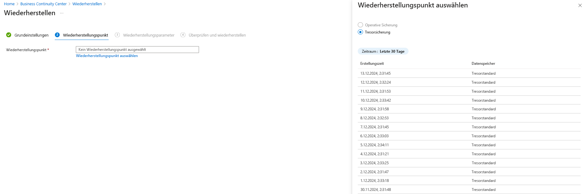 Screenshot: Wiederherstellungsoptionen bei Blobtresorsicherungen.