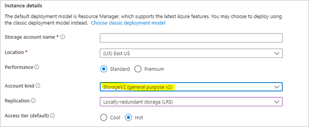 Screenshot: Erstellen eines Speicherkontos mit Resource Manager-Entwicklung