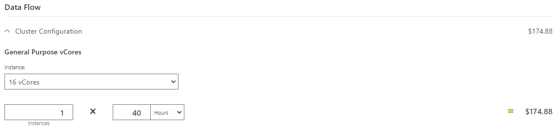 Screenshot des Bereichs „Datenfluss“ des Preisrechners, konfiguriert zum Transformieren von Daten in einem Blob-Speicher mit Zuordnungsdatenflüssen