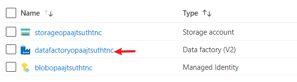 Screenshot des Inhalts der für die Demo erstellten Ressourcengruppe, wobei die Data Factory hervorgehoben ist.